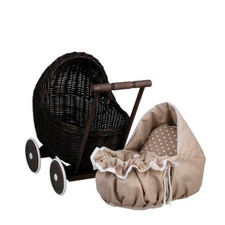 9. Dark painted wicker doll pram with removable beige bedding, studio setting