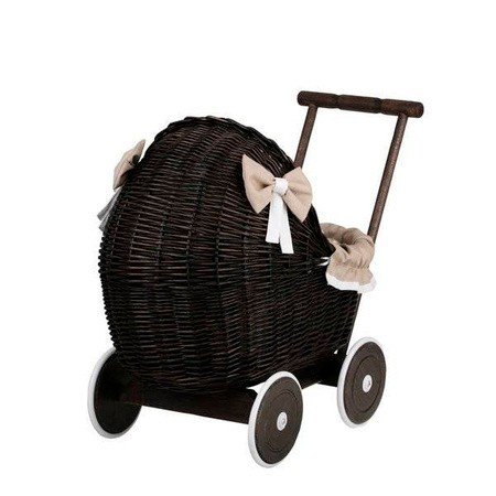 2. Back view of dark painted wicker doll pram with beige bedding and decorative bows, studio setting