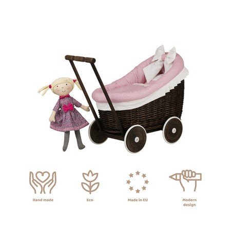 12. Dark painted wicker doll pram with pink bedding next to a doll, with eco-friendly icons below
