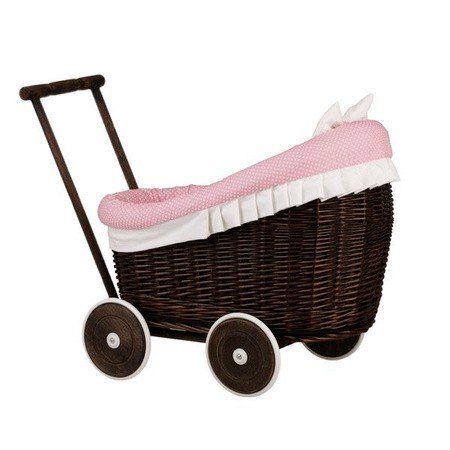 8. Angled view of dark painted wicker doll pram with pink bedding and wooden handle