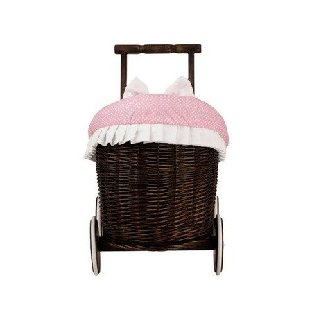 7. Front view of dark painted wicker doll pram with pink bedding and white ruffle