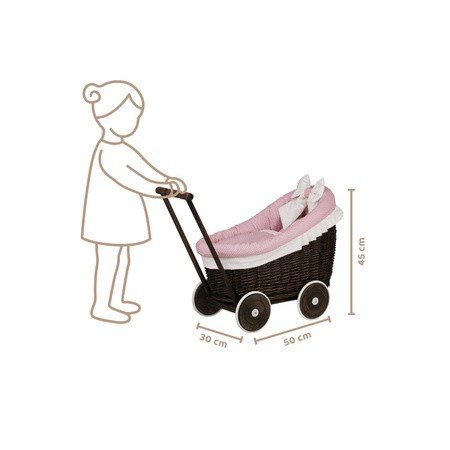 11. Size chart illustration showing dimensions of dark painted wicker doll pram with pink bedding