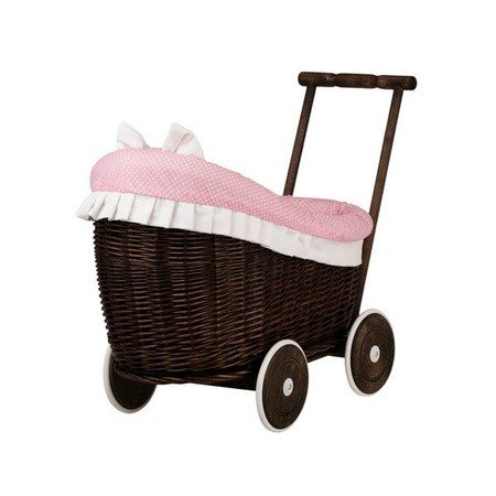 4. Rear view of dark painted wicker doll pram with pink bedding and white wheels