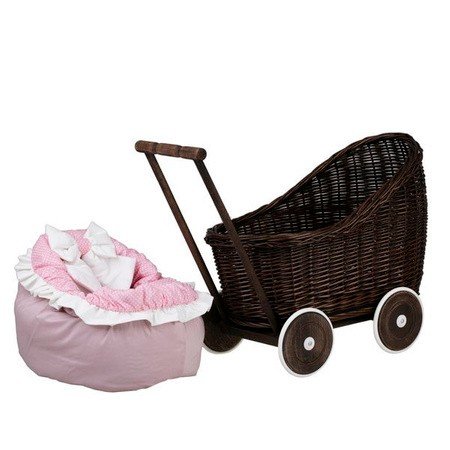 6. Dark painted wicker doll pram with removable pink bedding set beside it