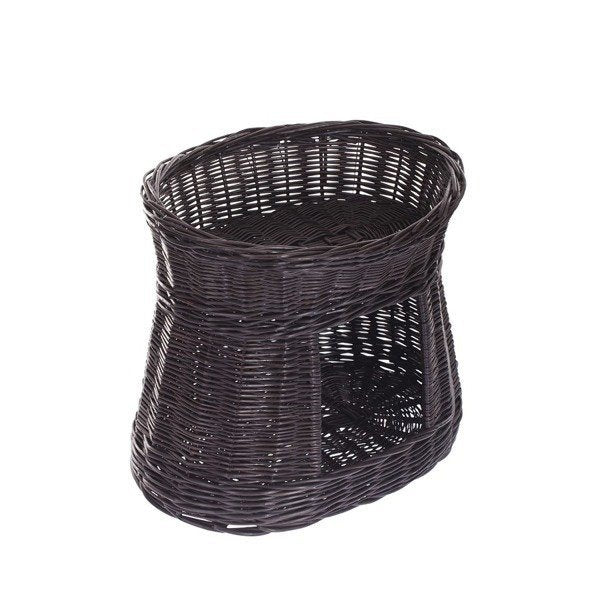 2. Angled view of dark wicker cat house showing two levels, handcrafted design with hideaway and perch, made from eco-friendly materials, by Wicker Stories