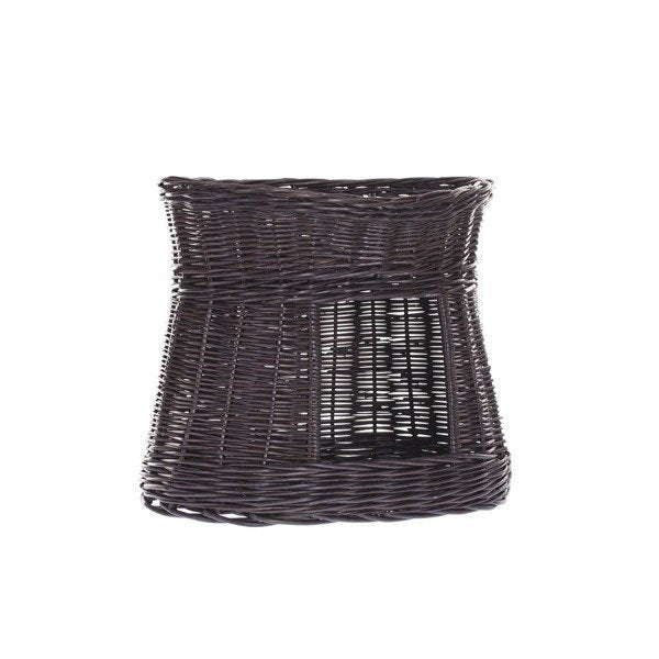 1. Front view of dark wicker cat house with two levels, handcrafted from eco-friendly materials, featuring a hideaway and perch, by Wicker Stories