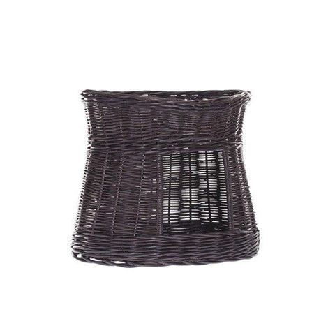 1. Front view of dark wicker cat house with two levels, handcrafted from eco-friendly materials, featuring a hideaway and perch, by Wicker Stories