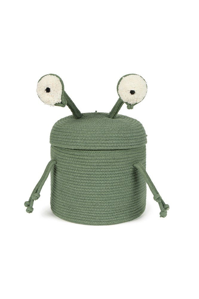 2. Green decorative basket with alien design, featuring two white pom-pom eyes and arm-like strings, made from cotton and recycled PET fibers, shown in studio setting
