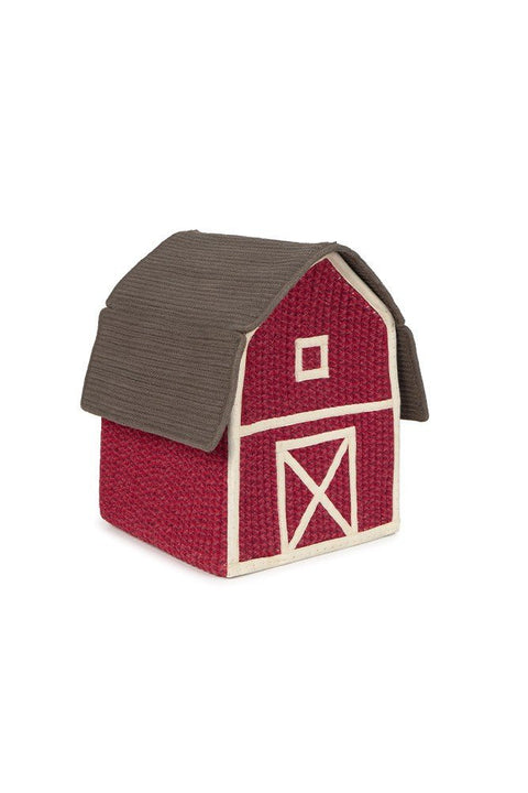 3. Studio shot of red barn-shaped decorative basket with white window and door details and a grey roof