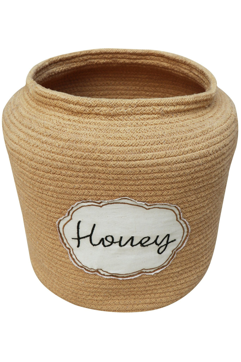 6. Flat lay of honey yellow basket without lid, showing open top and embroidered 'Honey' label