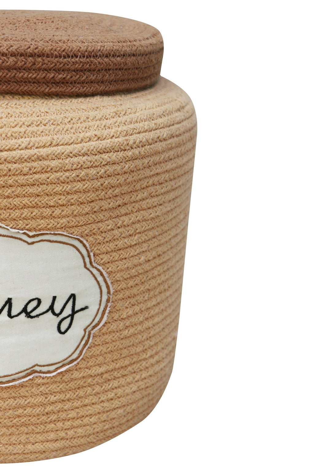 5. Close-up of honey yellow basket showing braided texture and embroidered 'Honey' label