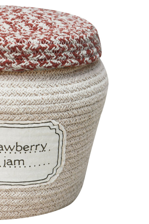 3. Close-up of decorative basket lid with terracotta Vichy pattern and 'Strawberry Jam' label