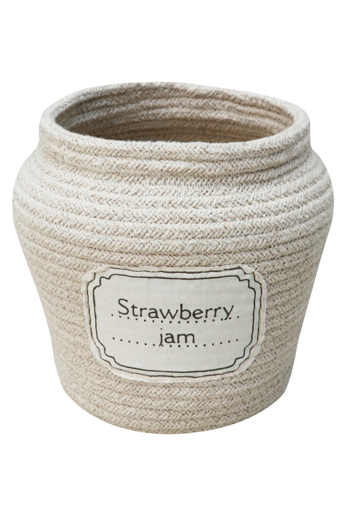 2. Decorative basket without lid, showing natural cotton texture and 'Strawberry Jam' label