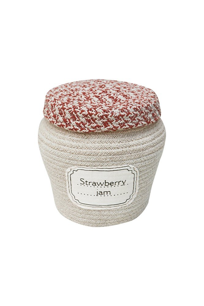 2. Decorative basket resembling a jam jar with natural cotton body and terracotta Vichy pattern lid, featuring 'Strawberry Jam' label