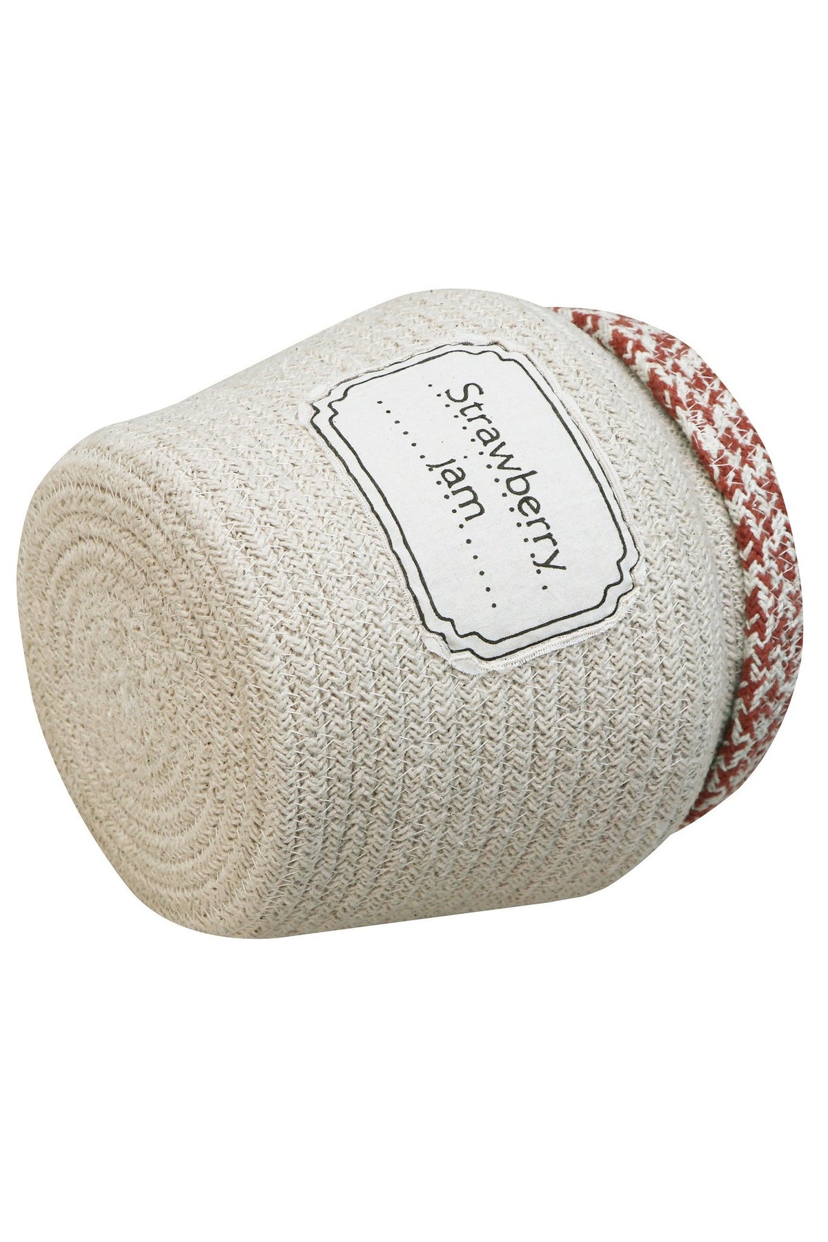 4. Flat lay of decorative basket with natural cotton body and terracotta Vichy pattern lid, showing 'Strawberry Jam' label