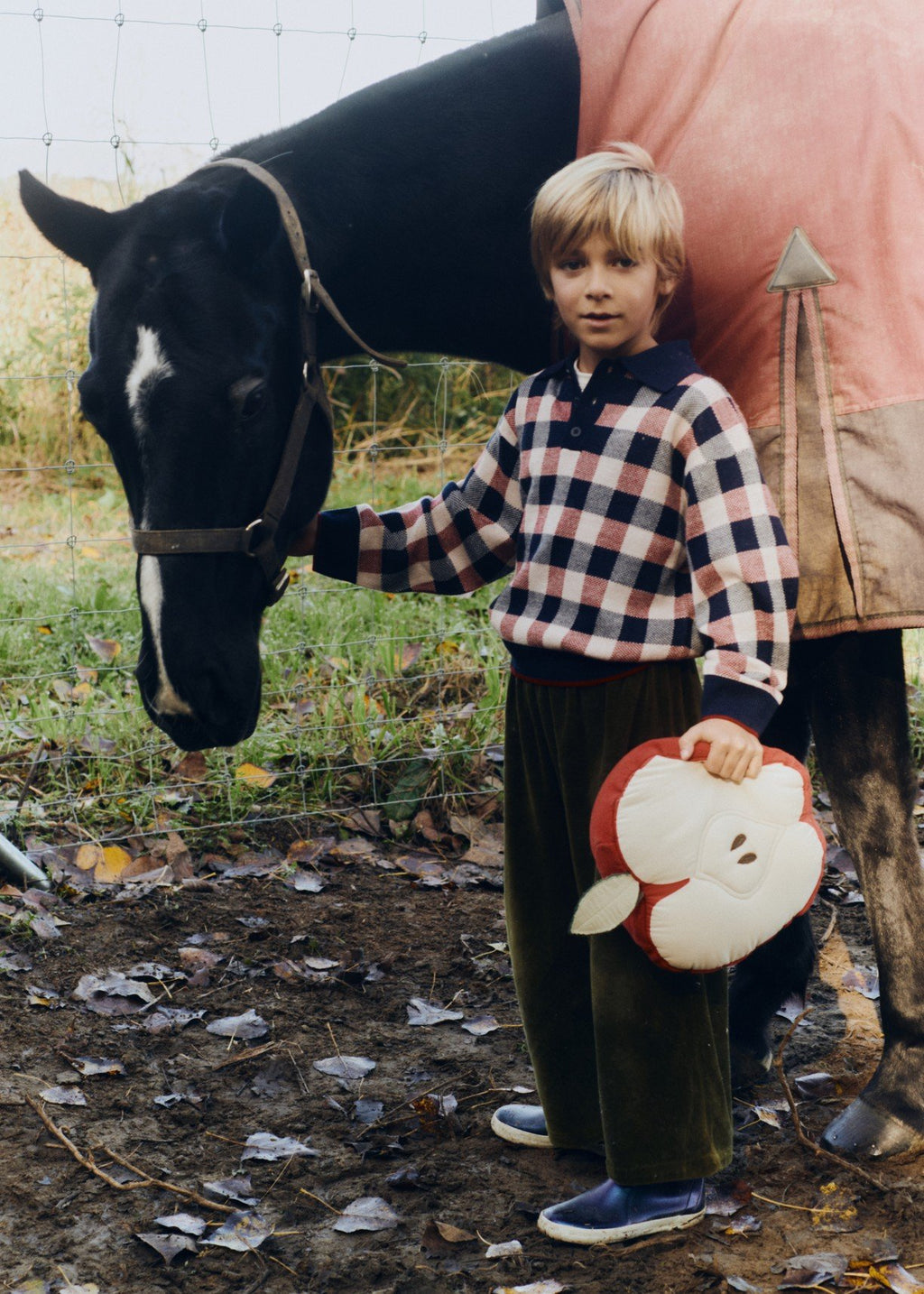 2. Child holding apple-shaped pillow next to a horse in a rustic outdoor setting