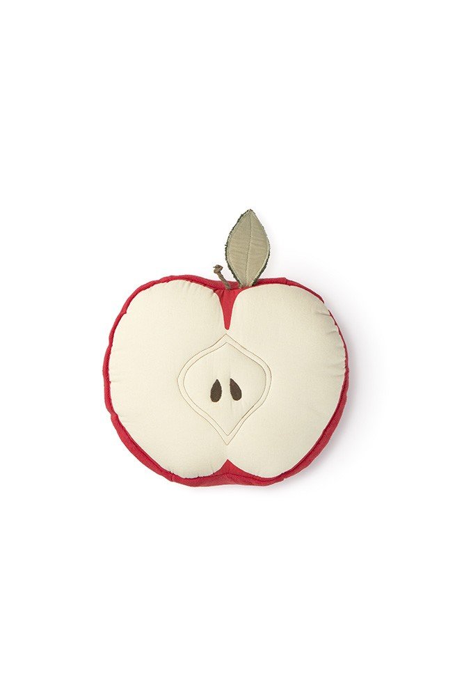 4. Studio shot of apple-shaped pillow with leaf detail on a white background
