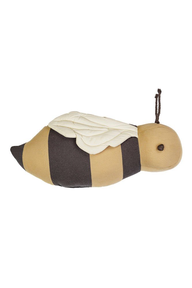 2. Honey-colored bee-shaped pillow with dark gray stripes and natural wings on white background