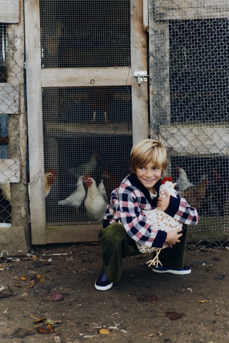 1. Child crouching and hugging beige chicken-shaped pillow in front of chicken coop