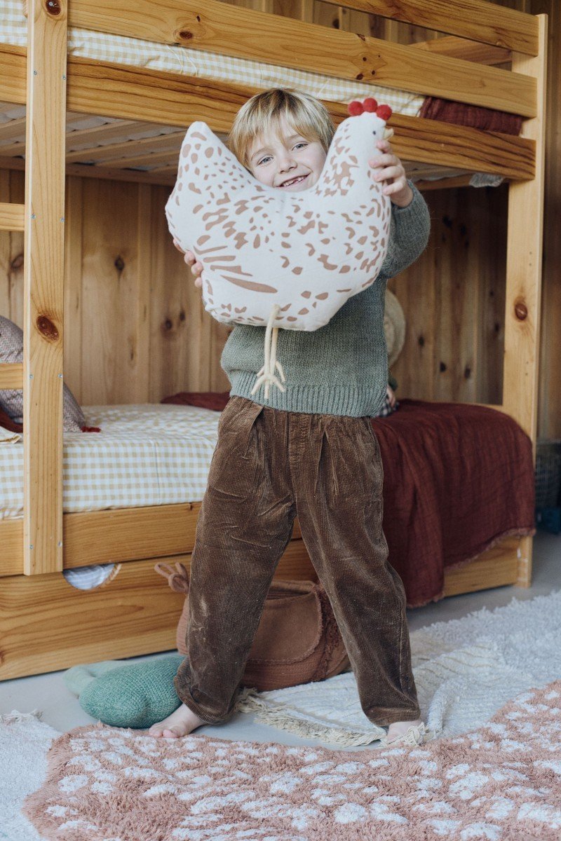 1. Child holding beige chicken-shaped pillow with brown details in a cozy wooden room