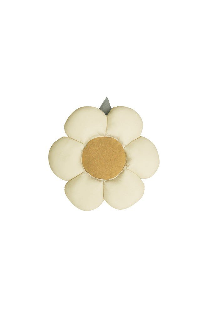 6. Studio shot of decorative daisy pillow with natural-colored petals and honey center on a white background