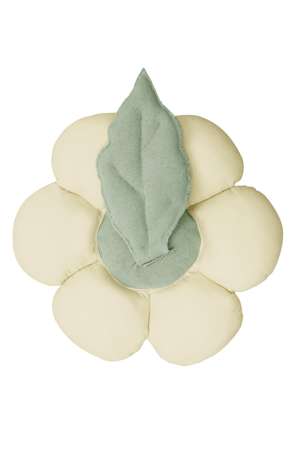 4. Back view of decorative daisy pillow showing green leaf detail against a white background