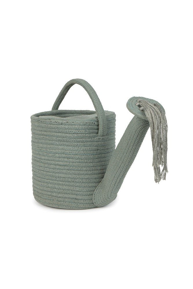 2. Blue decorative basket watering can with cotton string details on white background