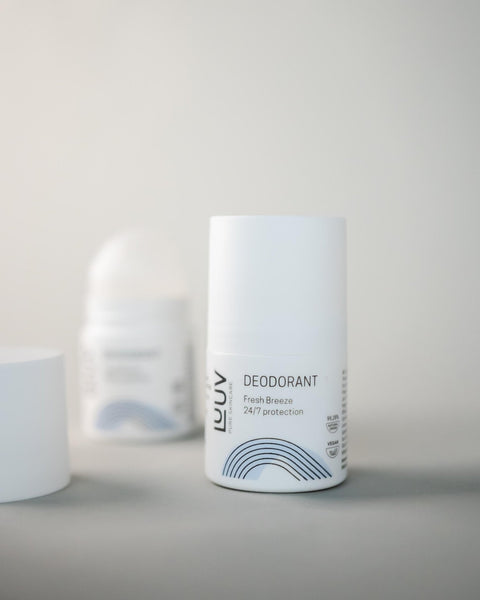 1. LUUV Fresh deodorant bottle with Fresh Breeze 24/7 protection label on a light background, featuring minimalist design and blue wave graphic