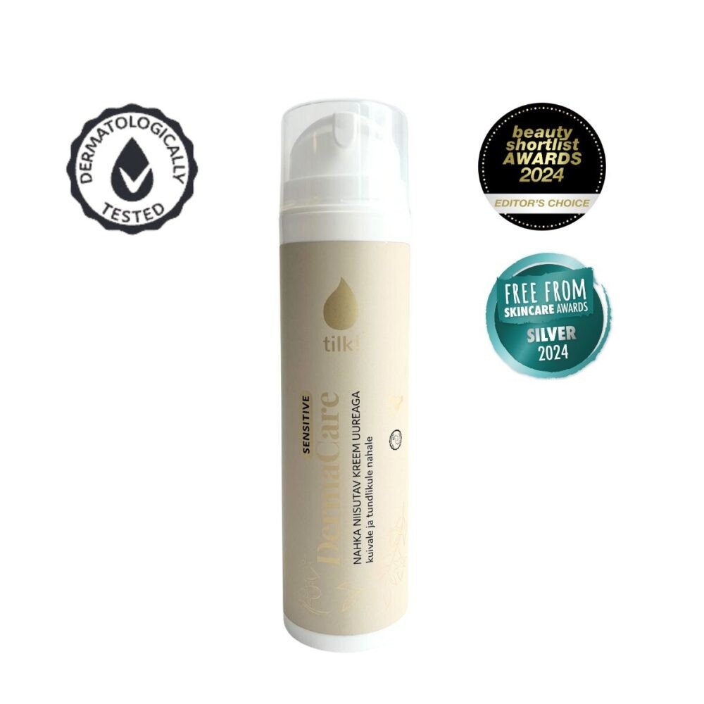 1. Tilk! DermaCare Sensitive Moisturising Urea Cream, 200ml, shown with dermatologically tested and award badges, ideal for very dry and sensitive skin