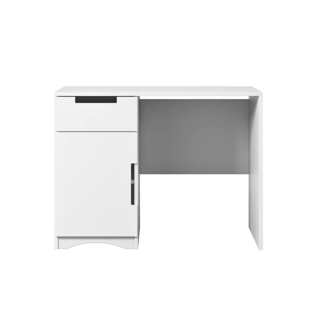 2. White Kocot Kids desk with single drawer and cabinet, shown from front in studio setting
