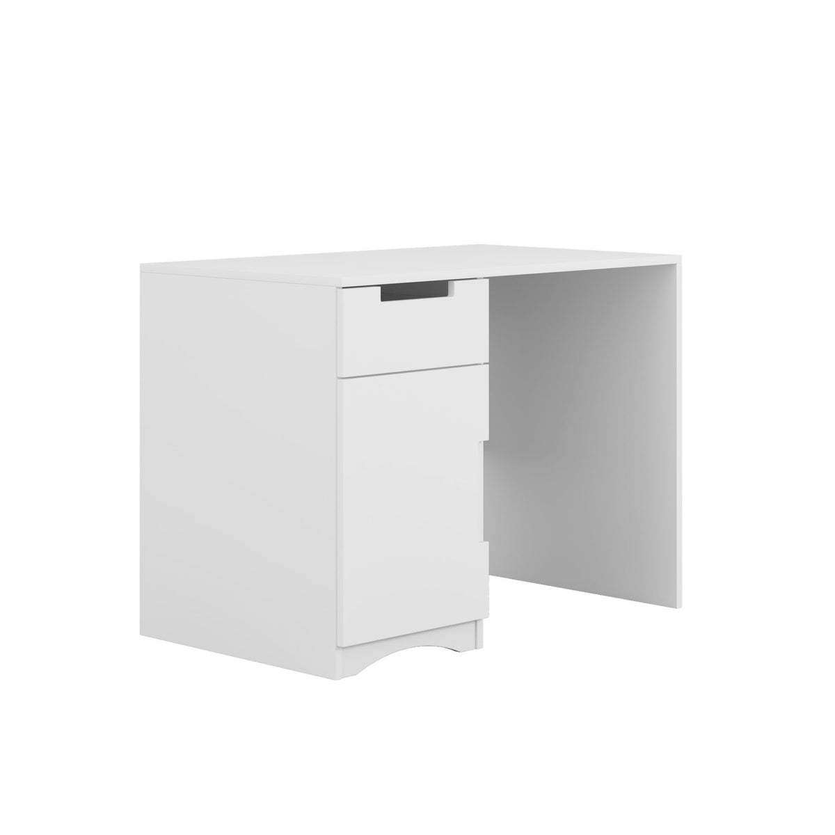 2. Side view of white Kocot Kids desk with drawer and cabinet, studio background