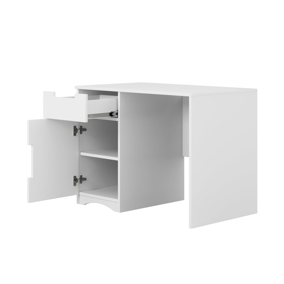 3. Open drawer and cabinet of white Kocot Kids desk showing interior shelves