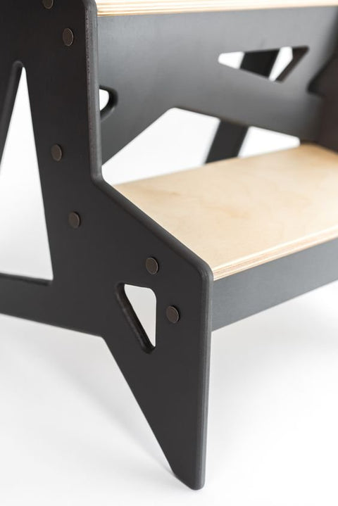 5. Close-up of black plywood side and step detail on Ewart Woods step stool