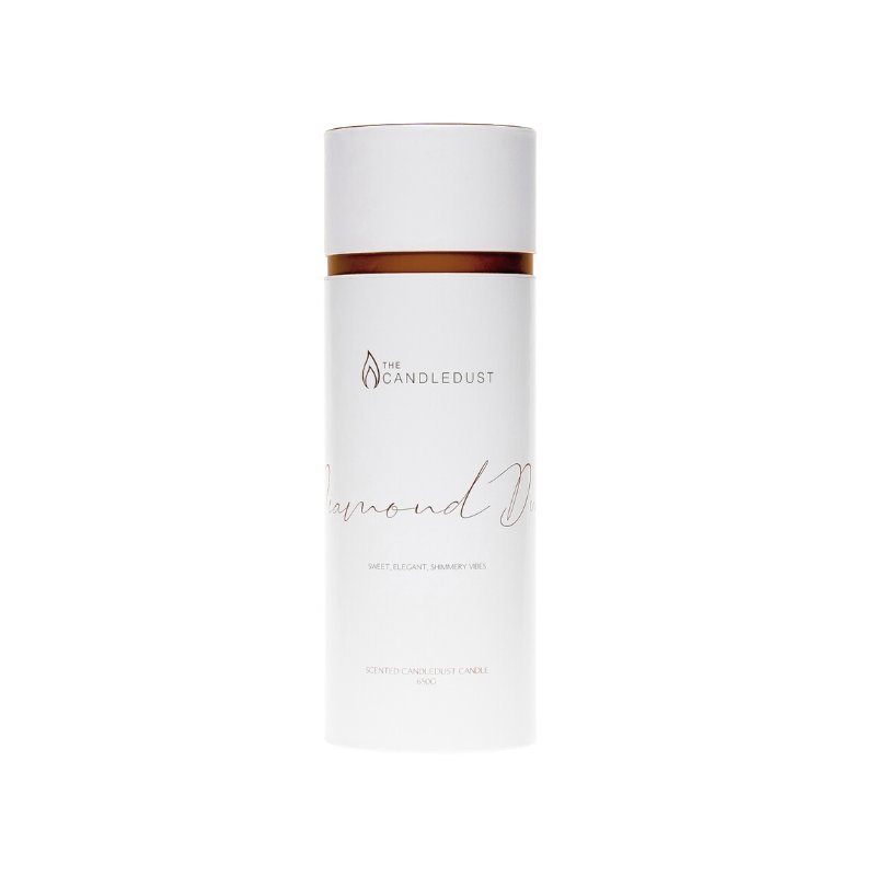 7. Long Candledust Diamond Dust powdered candle in a rectangular holder on a marble dining table