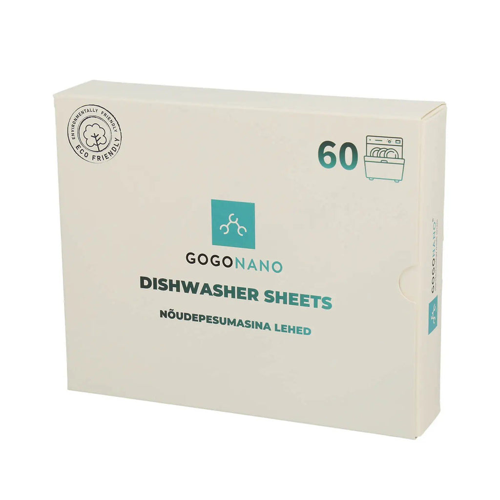 1. GoGoNano dishwasher sheets in eco-friendly cardboard packaging, 60 loads, shown in studio setting