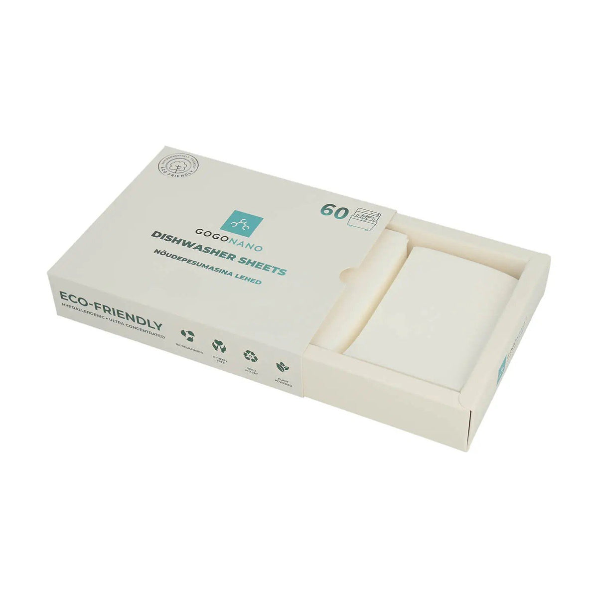 2. Open box of GoGoNano dishwasher sheets revealing contents, eco-friendly packaging, 60 loads