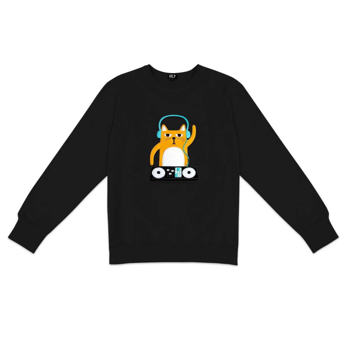 1. Men's DJ Cat Sweatshirt in black by HILP, featuring playful cat graphic with headphones and DJ setup, regular fit, studio setting