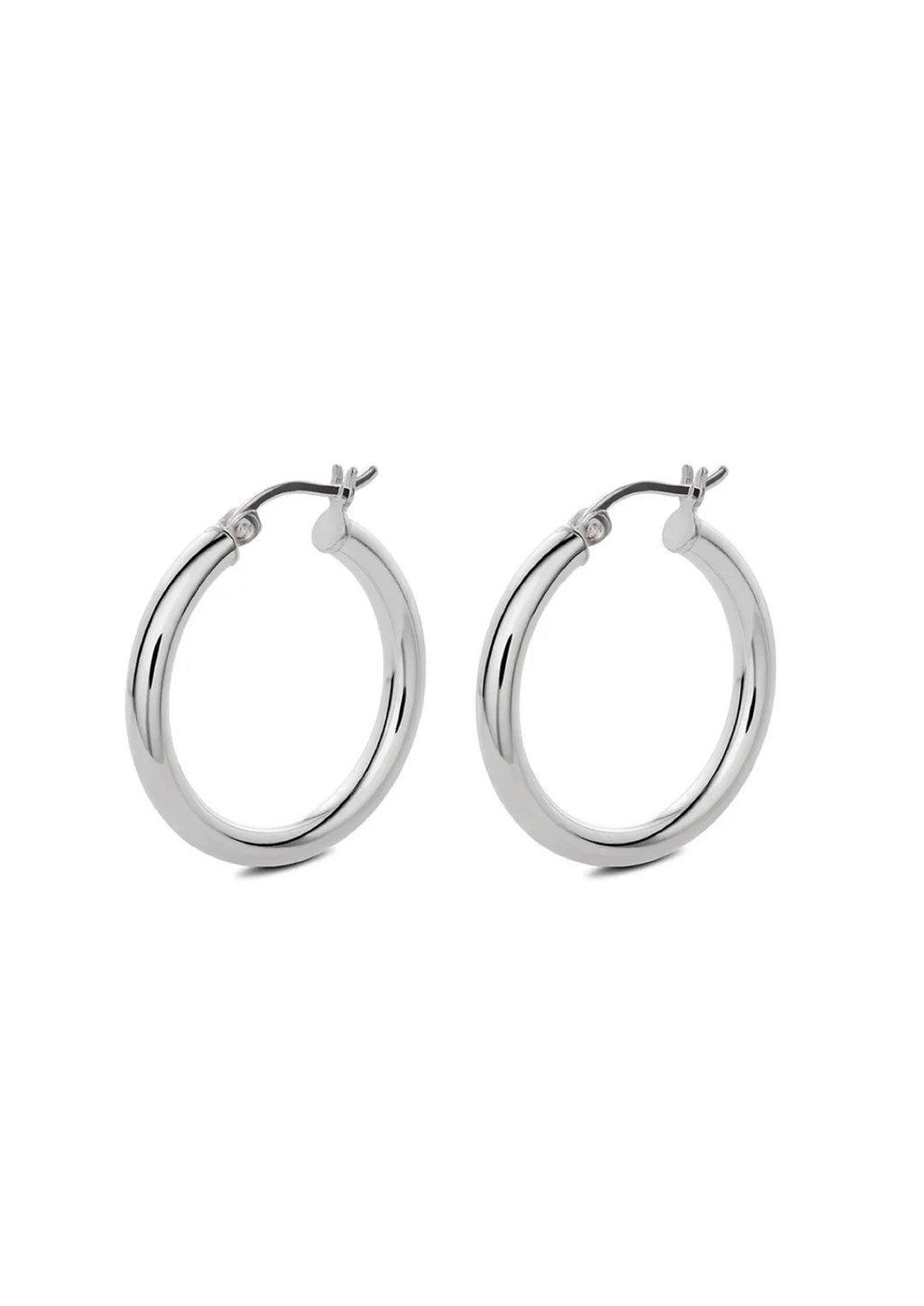 2. Studio shot of Django Hoops Silver earrings by NO MORE, made from 925 sterling silver, showing pair with smooth finish
