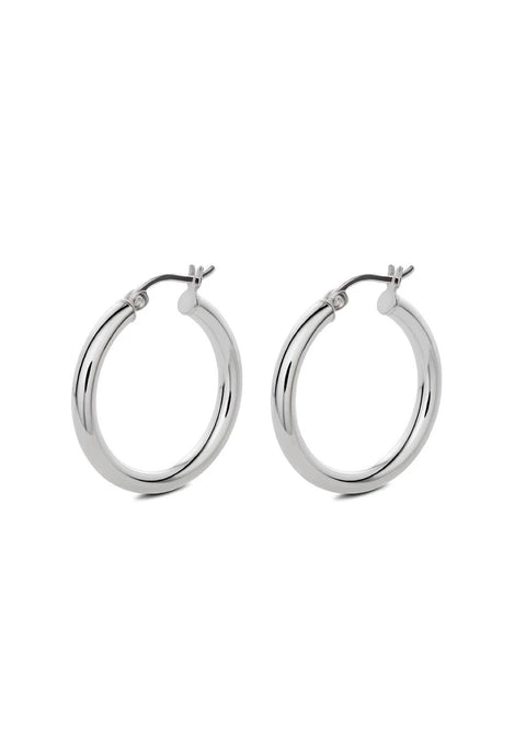 2. Studio shot of Django Hoops Silver earrings by NO MORE, made from 925 sterling silver, showing pair with smooth finish