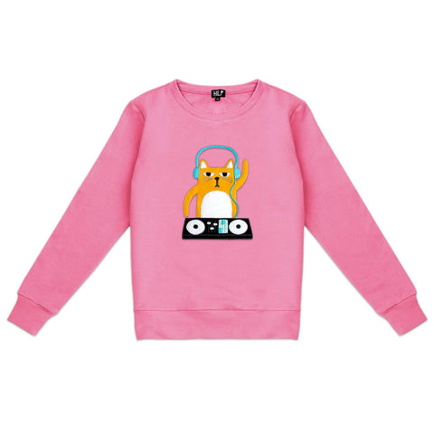 1. Women's DJ Cat Sweatshirt in vibrant pink by HILP, featuring playful cat graphic with headphones and DJ set, studio shot