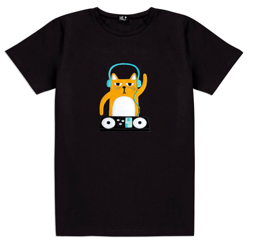 1. Men's black DJ Cat T-Shirt by HILP featuring playful cat graphic with headphones and DJ equipment, studio setting
