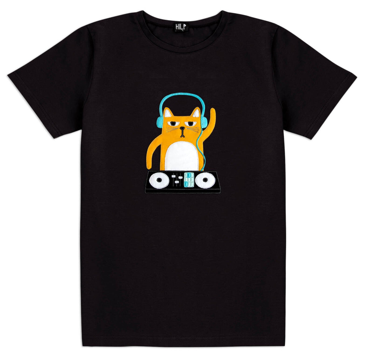 1. Men's black DJ Cat T-Shirt by HILP featuring playful cat graphic with headphones and DJ equipment, studio setting