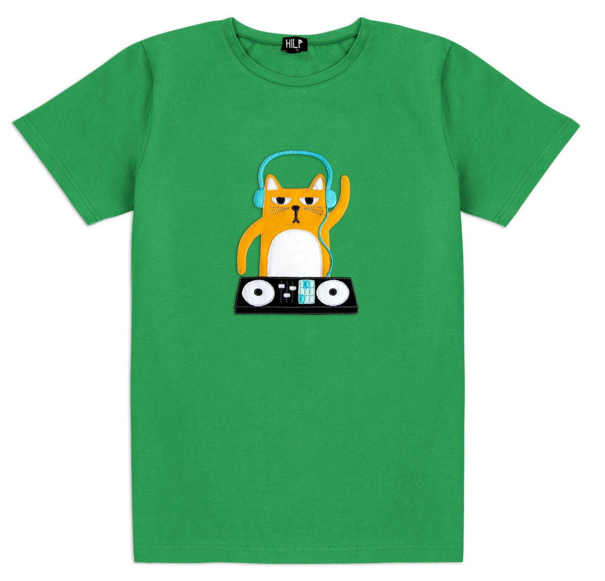 3. Men's green DJ Cat T-Shirt by HILP showcasing a cat with DJ gear, studio image
