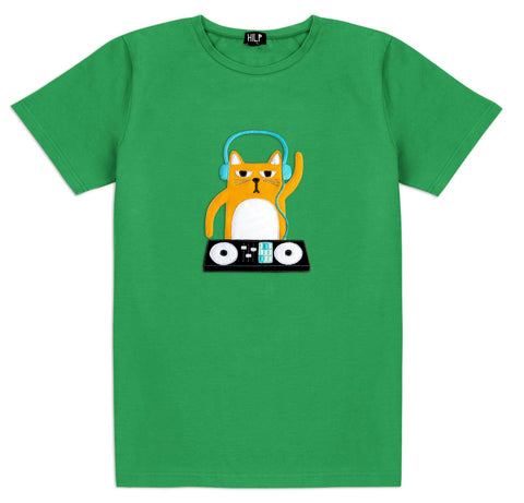 3. Men's green DJ Cat T-Shirt by HILP showcasing a cat with DJ gear, studio image