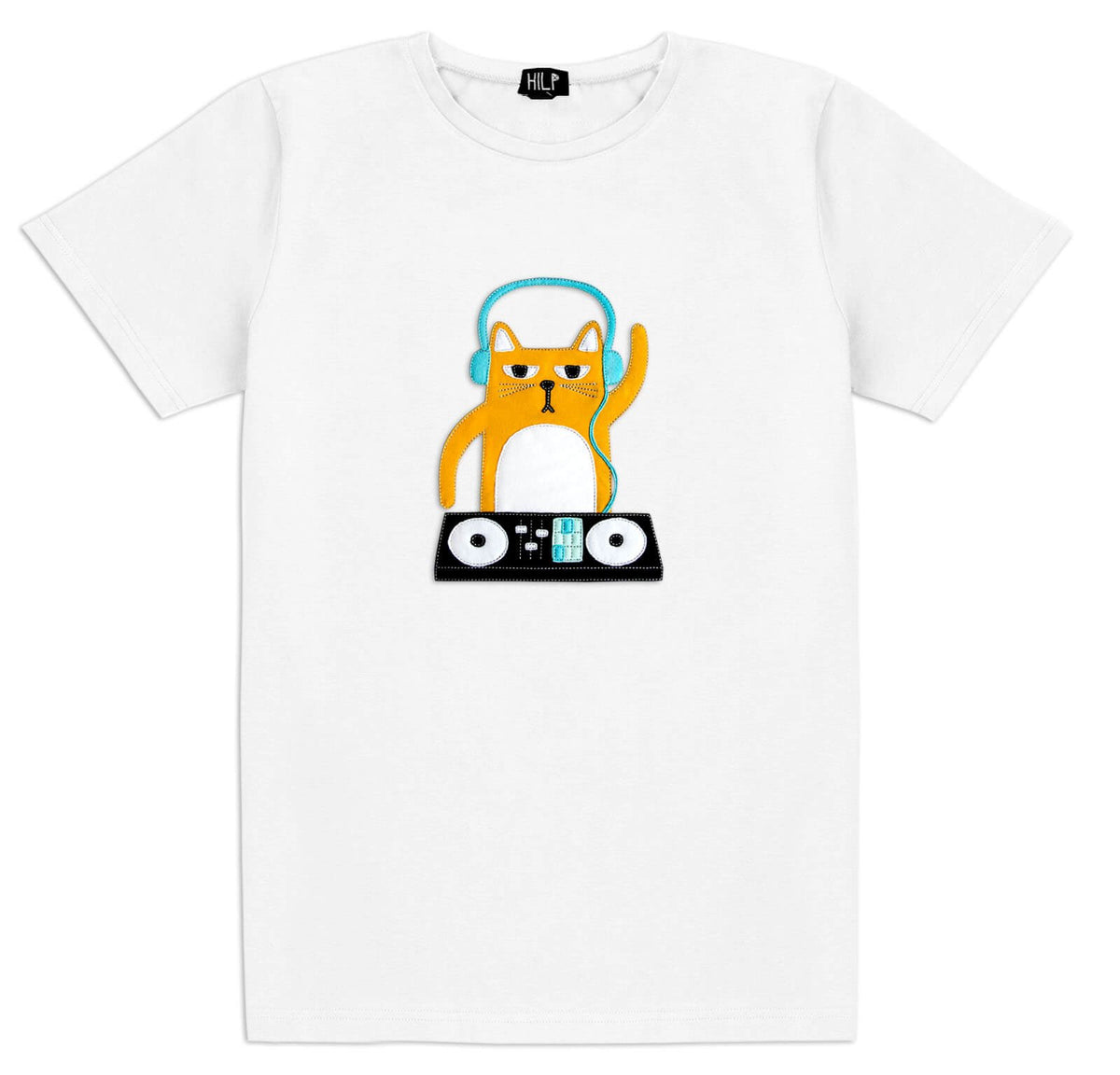 2. Men's white DJ Cat T-Shirt by HILP with fun cat design wearing headphones, studio shot