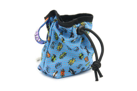 1. Blue graffiti print dog treat bag with black drawstring and colorful strap, shown in studio setting