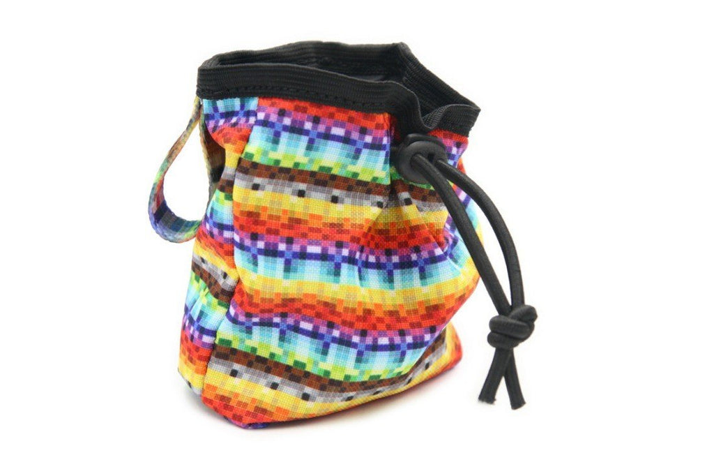 2. Side view of colorful pixel-patterned dog treat bag with drawstring and strap, made from durable oxford fabric by Matteo