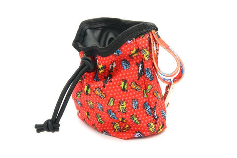 1. Red graffiti print dog treat bag with black drawstring and colorful straps, made of durable oxford and polyester fabric, shown in studio setting