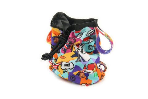 1. Colorful Matteo dog treat bag with cartoon print, featuring drawstring closure and durable oxford fabric, shown with three straps and carabiner for easy carrying.
