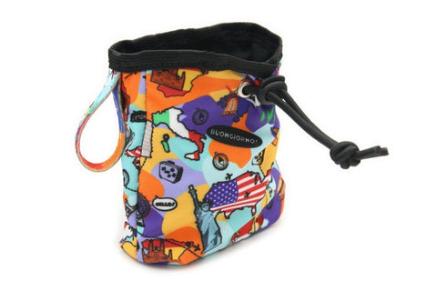 2. Matteo dog treat bag in vibrant print with drawstring closure, made from durable oxford and polyester, featuring travel-themed graphics and convenient carrying strap.